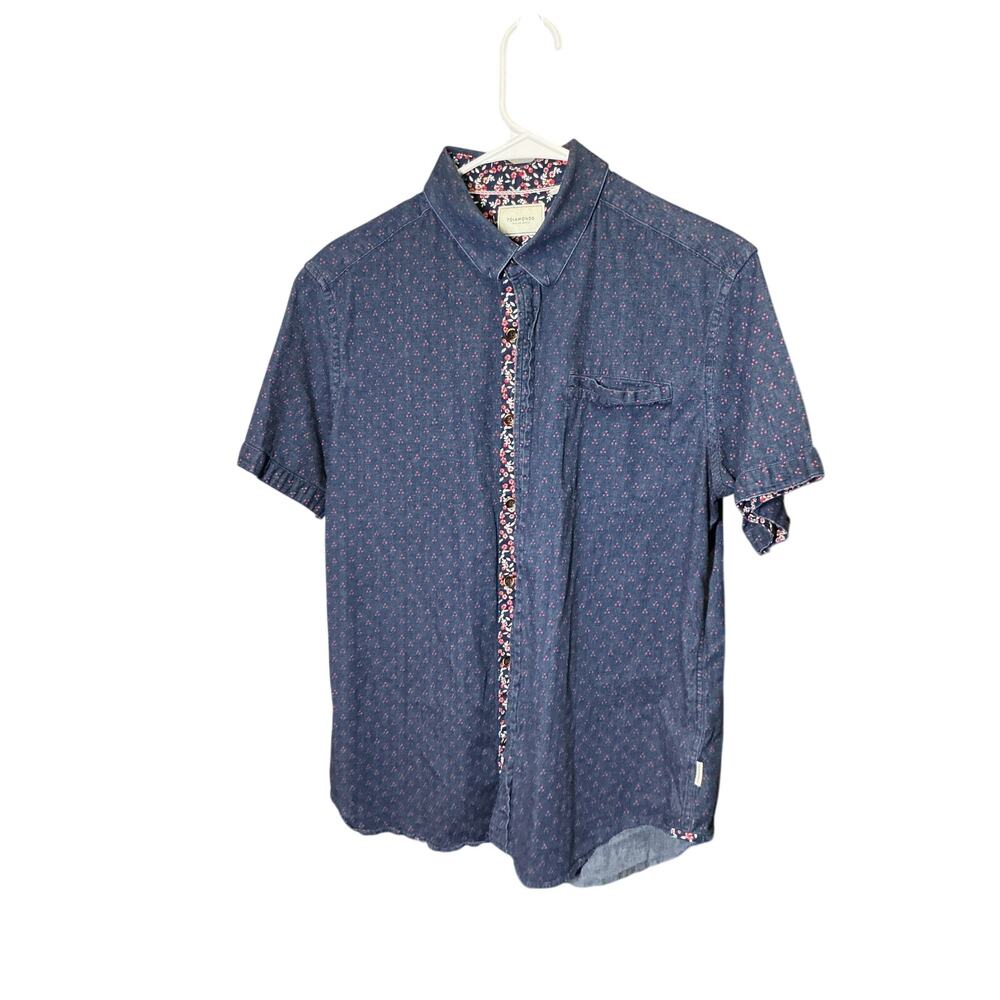 7 Diamonds Blue Denim Floral Short Sleeve Button Up Shirt Size M
